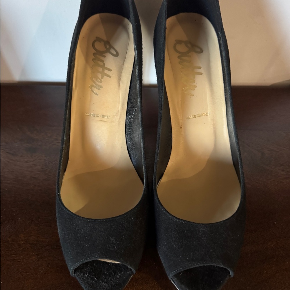Butter Women's Black Peep Toe Heels,Suede, vero cuoio leather sole, elegant!